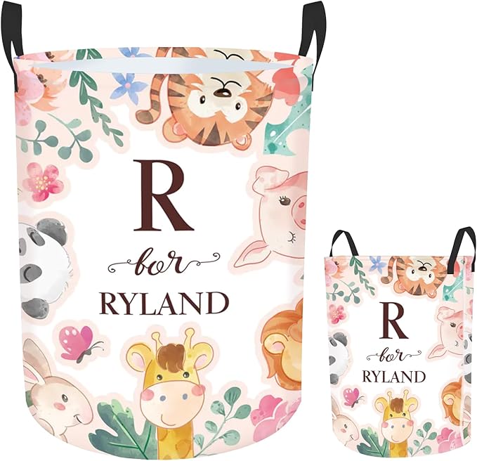 Custom Name Laundry Hamper Kids with Woodland Animals Print, Personalized Girl Laundry Basket for Nursery Bathroom, Customize Baby Name Laundry Baskets for Toddler Adults 2 Sizes