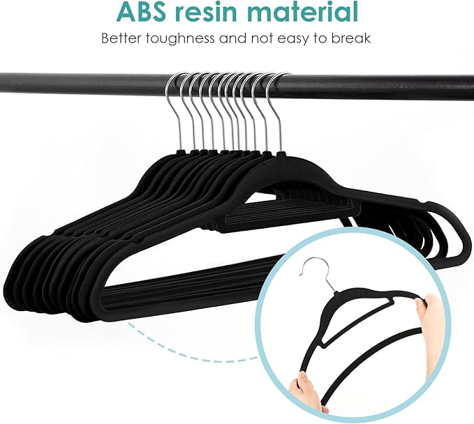 Velvet Hangers Non Slip Felt Hangers, 50 Pack Black Velvet Clothes Hangers Space Saving Slim with 360 Degree Swivel Hook for Suits Coats, Jackets, Pants, and Dress Clothes