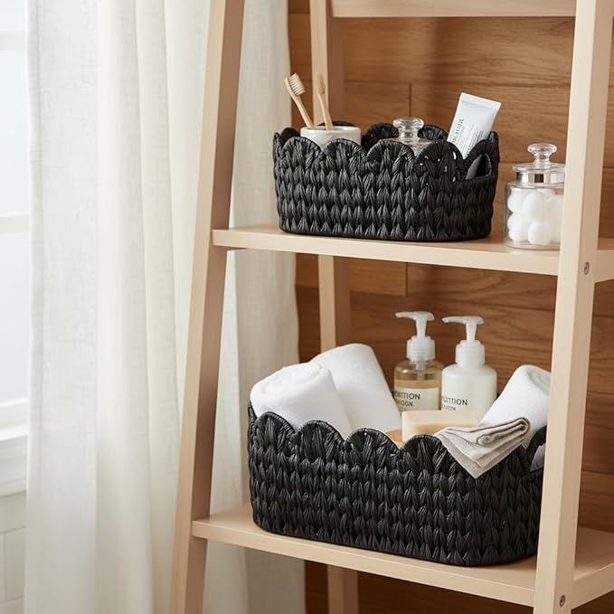 Wicker Scalloped Basket Set of 2,Woven Storage Baskets for Shelves,Closet,Laundry,Gift,Towels,Books,Toys,Waterproof Decor Basket for Organizing,Black Oval