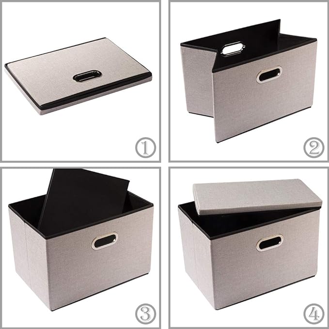 PRANDOM Large Foldable Storage Bin with Lid [1-Pack] Linen Fabric Decorative Storage Box Organizer Container Basket Cube with Handles Divider for Closet Office Living Room Light Grey(17.7x11.8x11.8)