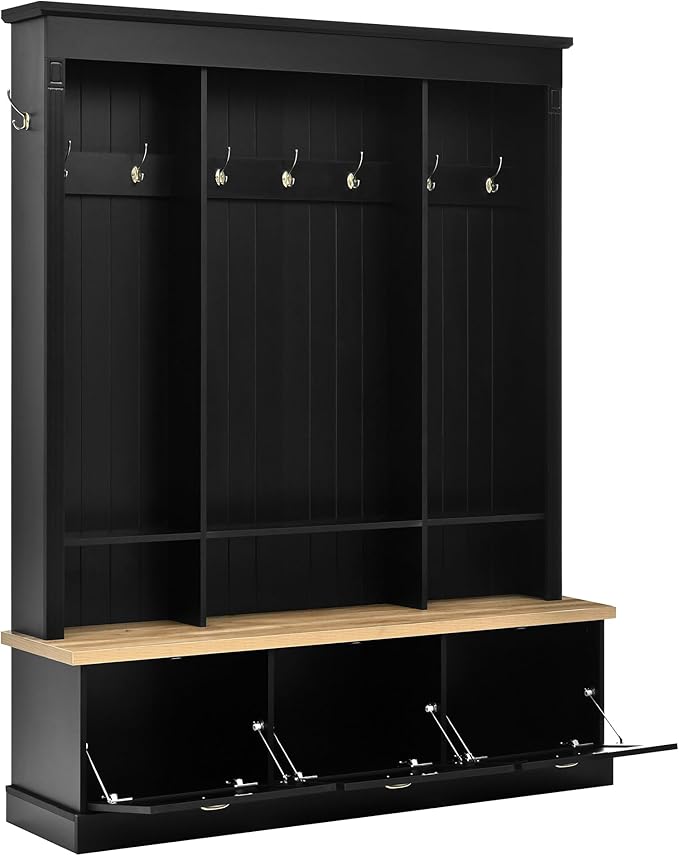 Farmhouse 75" H Hall Tree with 9 Golden Hooks, 3 Large Cabinets, Open Shelves, Roman Column Design Natural Storage Bench, Entryway Organizer with Shelves for Mudroom, Hallway (Black,75)