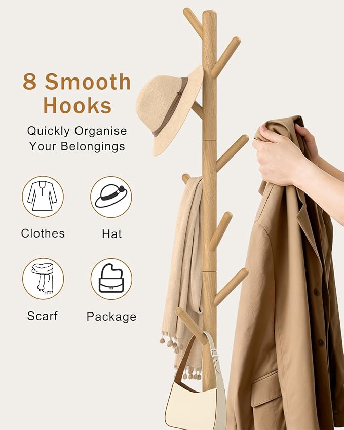 Yawinhe Coat Rack, Sturdy Wooden Coat Tree with 8 Hooks, 3 Adjustable Height for Bedroom, Hallway, Entrance, Office, 11.8 x 70.8 inches, Natural, 1-Pack, Square Base
