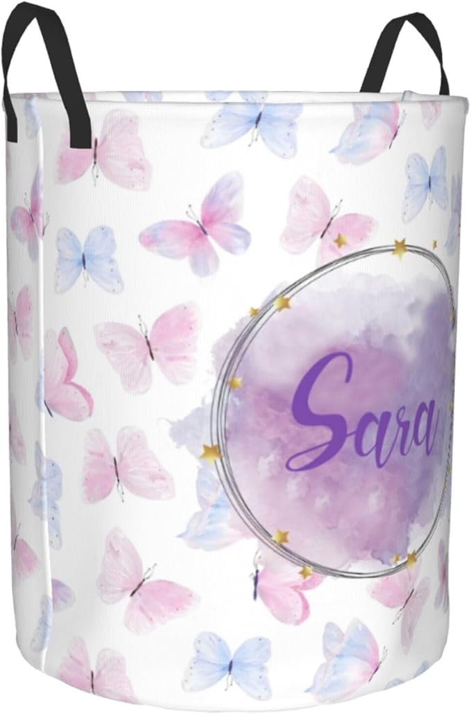 Personalized Laundry Basket for Nursery, Custom Nursery Laundry Hamper with Name, Customize Baby Clothes Circular Hamper for Boys Girls Room Decor, Colorful Butterfly