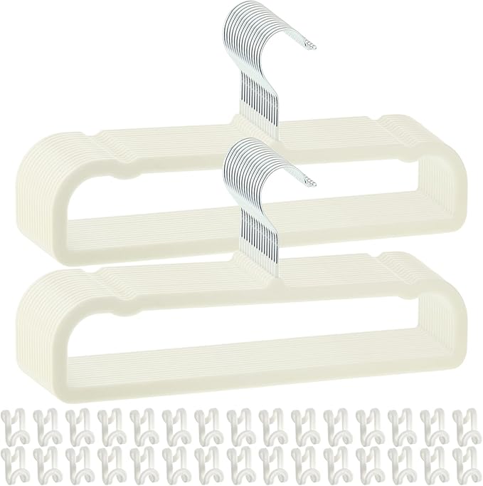 Velvet Pants Hangers Non Slip, 30 Pack Velvet Hangers for Closet with 30 Hooks, Strong Durable Space Saving Slim Clothes Hanger, Ultra Thin Flocked Hanger for Pants, Shirts, Bra, Shorts (Cream)