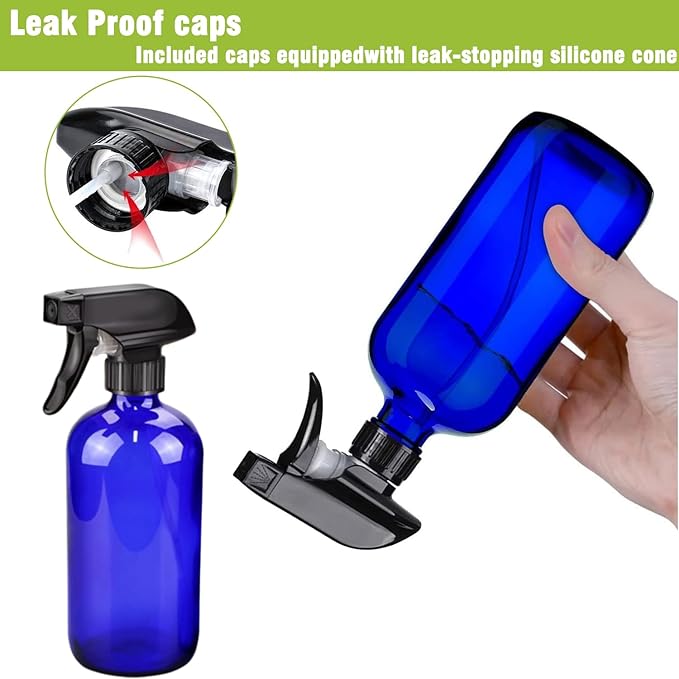 16oz Glass Spray Bottles,2-Pack Refillable Empty Spray Bottl for Cleaning, Hair Care, Plants - Adjustable Nozzl - Blue