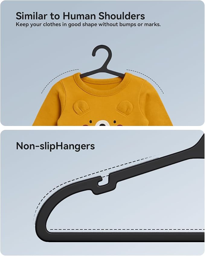 Plastic Kids Hangers, Pack of 100, Ultra Slim Closet Hangers, Non-Slip, Space-Saving, Sturdy, 14" W x 7" H (for Children Aged 7-12 Years), Black, UAPY07100B