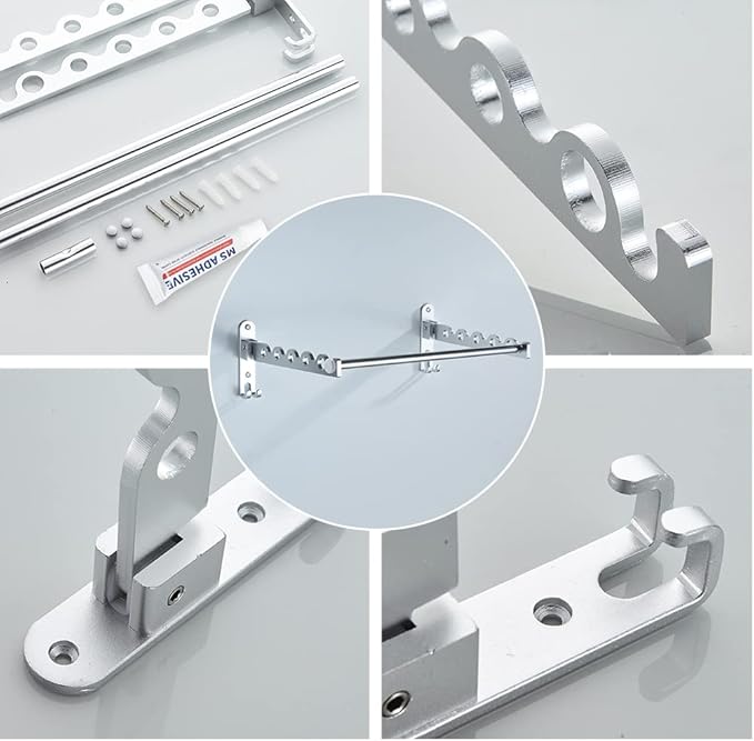 Small Wall Clothes Rail, Aluminium Foldable Drying Rack Hook 90° Rotation Coat Hanger for Laundry Bathroom Balcony (Silver Fixed Seats+Rod)
