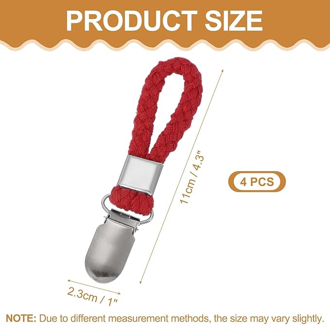 uxcell 4 Pcs Tea Towel Clips with Cotton Loop for Hanging, 4.3 Inch Metal Towel Hooks Multipurpose Cloth Hangers for Home Kitchen Bathroom, Red