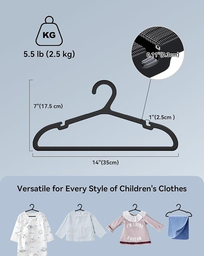 Plastic Kids Hangers, Pack of 100, Ultra Slim Closet Hangers, Non-Slip, Space-Saving, Sturdy, 14" W x 7" H (for Children Aged 7-12 Years), Black, UAPY07100B