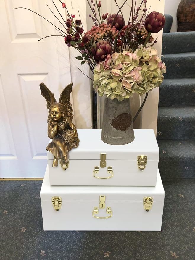 Vixdonos Decorative Metal Box Storage Trunks Set of 2 College Dorm Chest with Lock Hole,23.7X14.2X9.5 Inches(White)