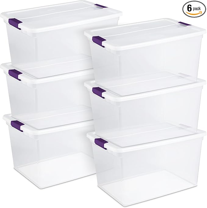 Sterilite 66 Qt ClearView Latch Storage Box, Stackable Bin with Latching Lid, Plastic Container to Organize Clothes in Closet, Clear Base, Lid, (Pack of 6)
