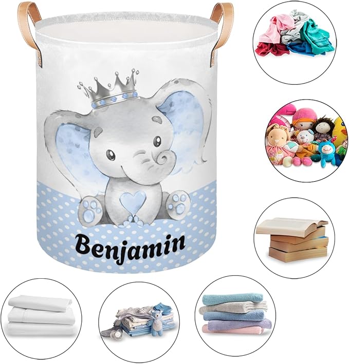Personalized Laundry Basket, Custom Gift Laundry Hamper, Collapsible Nursery Waterproof Laundry Baskets, Dirty Clothes Toy Hamper with Handles Prince Elephant Dot