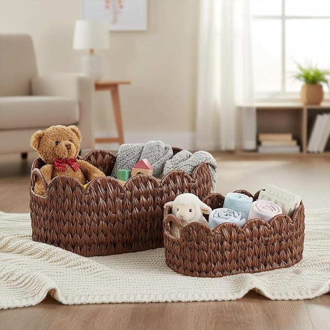 Wicker Scalloped Basket Set of 2,Woven Storage Baskets for Shelves,Closet,Laundry,Gift,Towels,Books,Toys,Waterproof Cute Decor Basket for Organizing,Brown