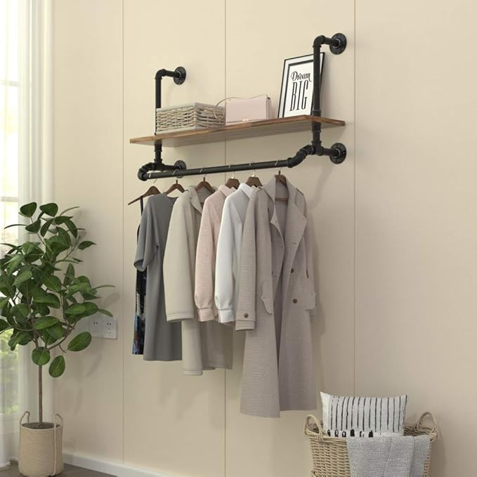 Tianman 40" W,Industrial Detachable Wall Mounted Black Iron wooden Garment Bar,Pipe Clothes Rack,Heavy Duty pipe clothing rack, Multi-Purpose Hanging Rod for Closet Storage (40" W)