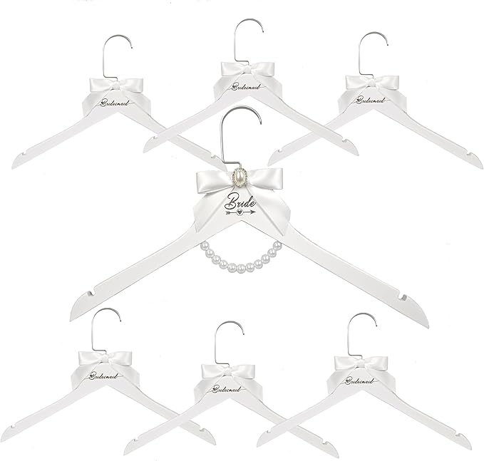 7 Pcs Bride Hanger White Wooden Bridesmaid Hangers with Bow and Pearl Necklace for Wedding Dresses Bridesmaid Gowns Personalized Wedding Gifts (1 Bride + 6 Bridesmaid Hangers)