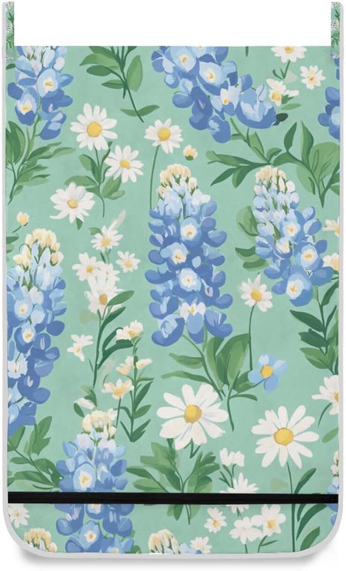 Mint Green Bluebonnet and Daisies Hanging Laundry Hamper Door Hampers Bag Basket with Stainless Steel Hooks Oxford Fabric Printing Decorative Clothes Bags 29.5X20inch 1Pack