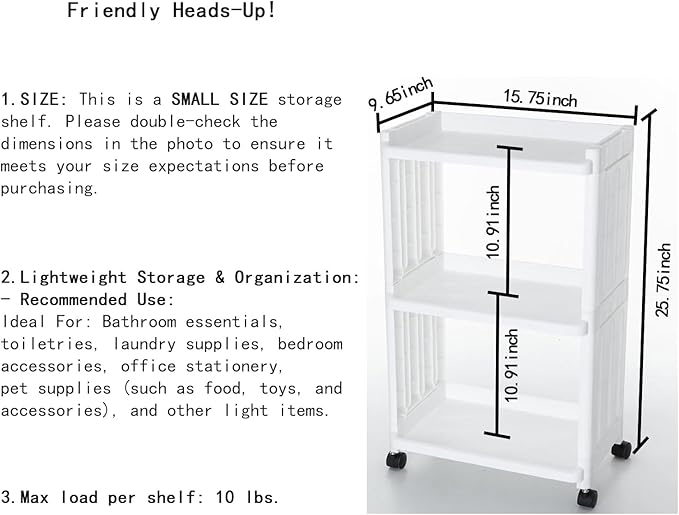 3 Tier Rolling Storage Cart for Bathroom Toilet Side Storage Shelf with Wheels Movable Organization Rack Organizer Shelving Unit Bathroom Cart Office Cart (Normal Size)