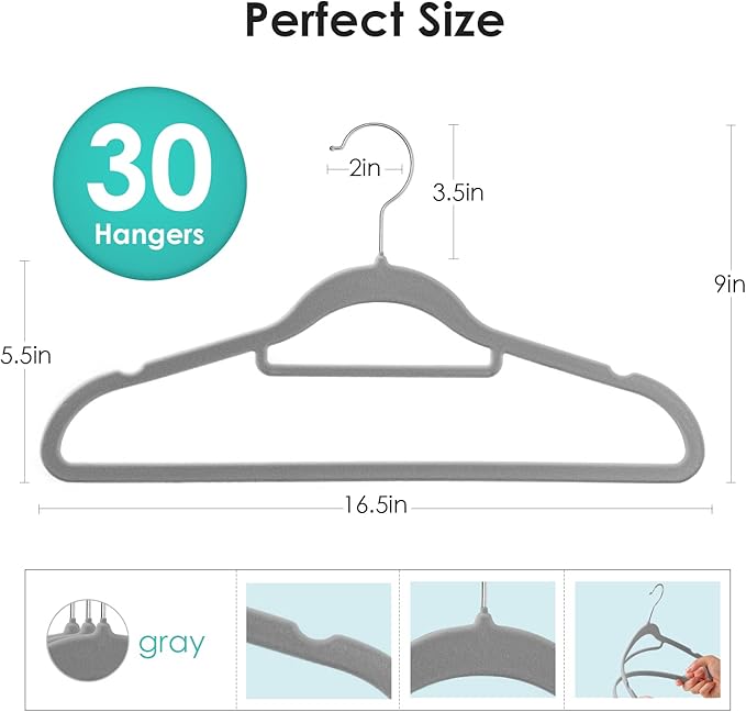 Velvet Hangers Non Slip Felt Hangers, 30 Pack Grey Velvet Clothes Hangers Space Saving Slim with 360 Degree Swivel Hook for Suits Coats, Jackets, Pants, and Dress Clothes