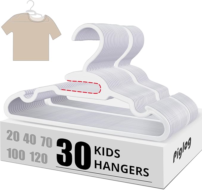 Kids Hangers 30 Pack - Infant Toddler Childrens Hangers for Baby Clothes, Stackable Plastic Child Hanger for Closet - Ideal for Boys and Girls, Clothing, Pants, Coats, and More -White