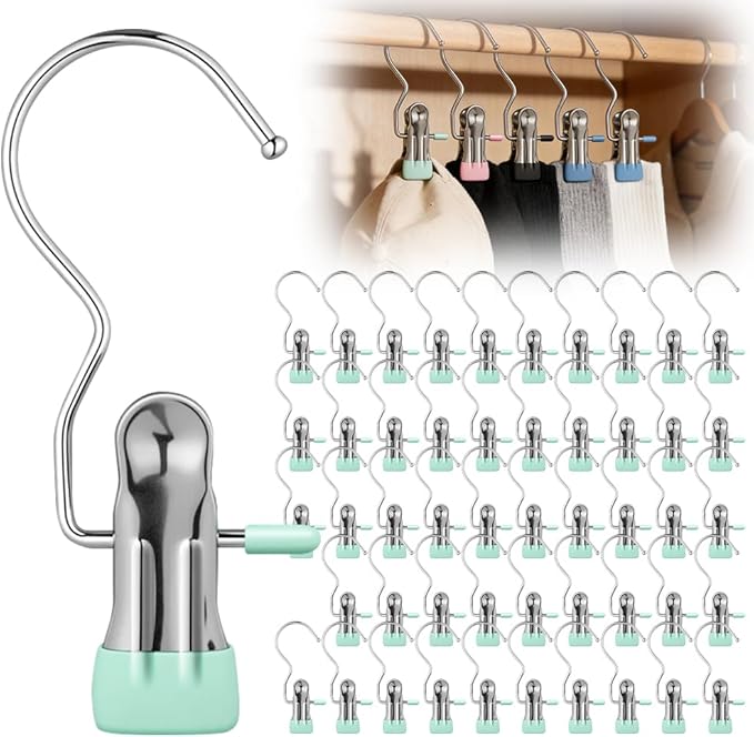50 Pcs Heavy Hanger Clips for Closet, Multi Functional Clips with Hook for Hanging Clothespin, Hook Hangers with Clips for Clothes Pants Hats Socks and Boots (Light Green)