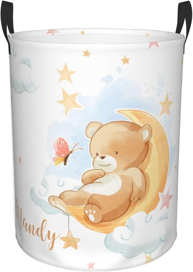 Personalized Laundry Basket for Nursery, Custom Nursery Laundry Hamper with Name, Customize Baby Clothes Circular Hamper for Boys Girls Room Decor, Bear