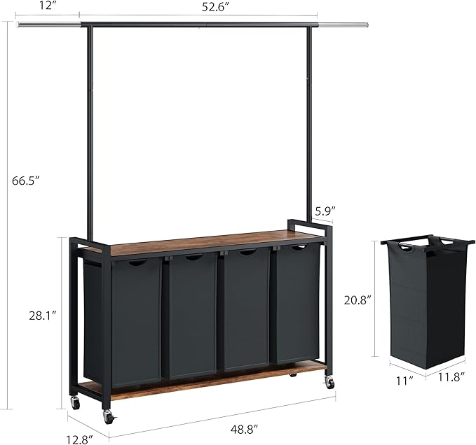 IDEALHOUSE Laundry Sorter 4 Section with Hanging Rack, Rolling Laundry Sorter Hamper with Shelf & Lockable Wheels,Laundry Basket Organizer for Laundry Room, Bedroom, Bathroom