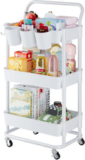 Buzowruil 3-Tier Rolling Utility Cart, Storage Cart with Handle Multi-Purpose and Locking Wheels,with Hanging Basket and Hook for Office, Kitchen, Bathroom,White