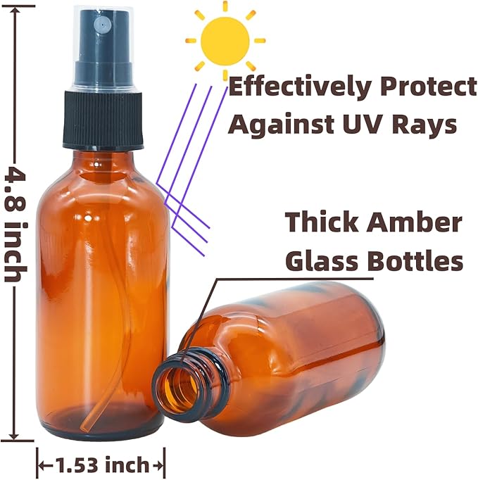 4 PACK 2 oz Amber Small Glass Spray Bottles, Empty Spray Bottle for Hair, Plants, Perfume - Fine Mist, 2oz Mini Spray Bottle