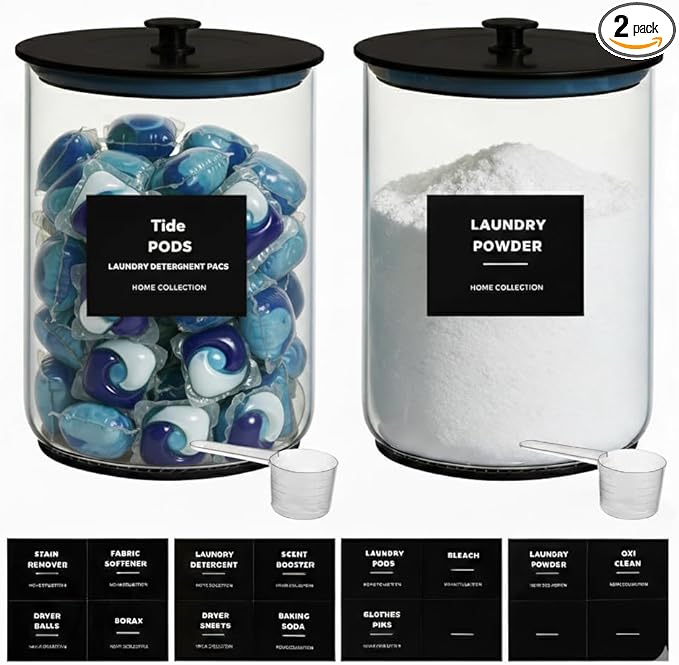 2 Pack 1 Gallon Glass Laundry Detergent Dispenser for Powder, 4L Large Laundry Pods Holder with Hygienic Plastic Lids & Metal Rim, Airtight Glass Canister Set with Scoops & Labels, Black