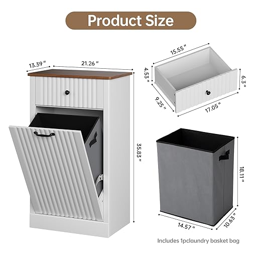Fluted Tilt Out Laundry Hamper Cabinet, 10 Gallon Hidden Trash Can Cabinet, Wooden 2 in 1 Tilt Out Garbage Can for Kitchen, Bathroom (Antique White, Single)