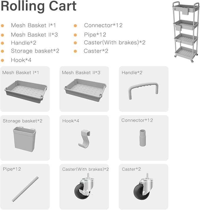 4 Tier Rolling Utility Cart with Handle,REBECAT Utility Cart Made of Multifunctional Storage Organizer Tool for Kitchen,Bathroom,Living Room,Office(Gray)