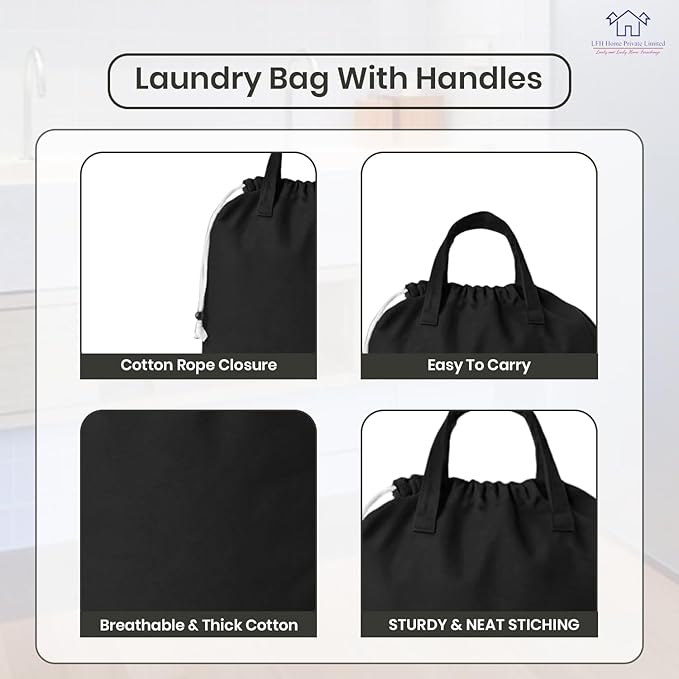 LFH Home Large Premium Cotton Canvas Laundry Bag with Drawstring and Handles Heavy Duty, Multi-Use, and Washable for Home, Travel, College or Storage 28x40 (Pack of 4)-Black