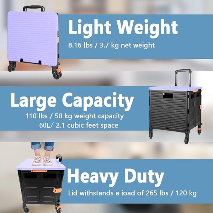 FELICON SELORSS Foldable Utility Cart Folding Portable Rolling Crate Handcart with Heavy Duty Telescoping Handle Collapsible 4 Rotate Wheels for Travel Shopping Move Luggage Office Use(Black+Purple)