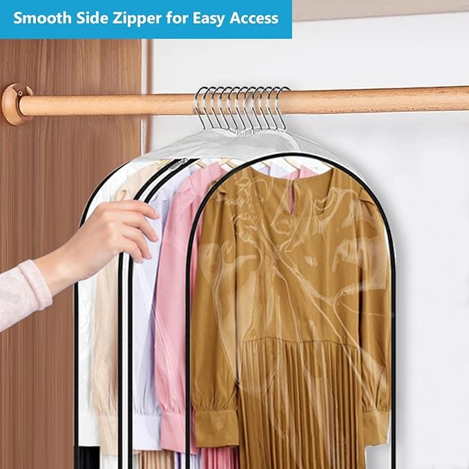 40" Clear Clothes Hangers with Smooth Side Zipper, 10" Gusseted Waterproof Garment Bags for Shirts, Coats, Dresses, Suits, 3 Pack