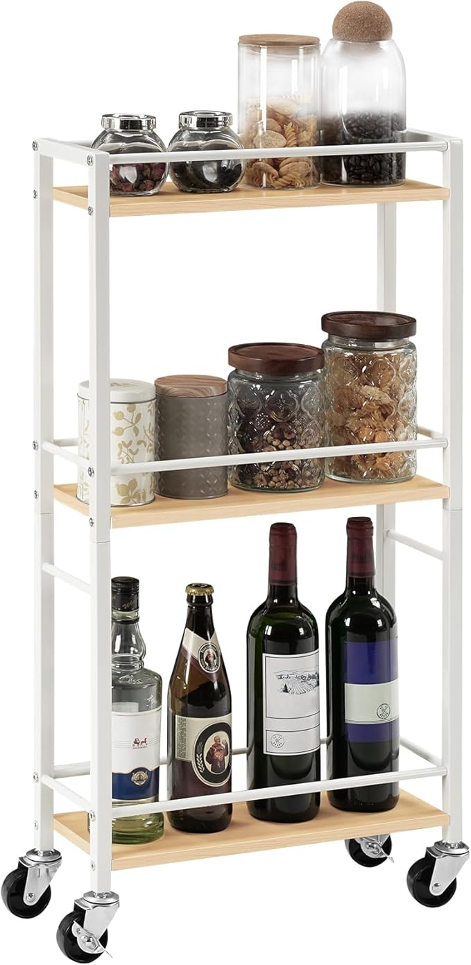Slim Rolling Cart, Mobile Kitchen Cart on Wheels, Narrow Storage Cart for Small Space, Wooden Kitchen Storage Rack, for Bathroom, Laundry, Living Room, White RCBN1501