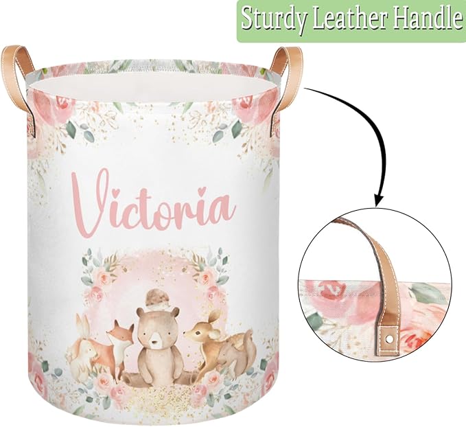 Personalized Laundry Basket, Custom Gift Laundry Hamper, Collapsible Nursery Waterproof Laundry Baskets, Dirty Clothes Toy Hamper with Handles Pink Floral Woodland Animals