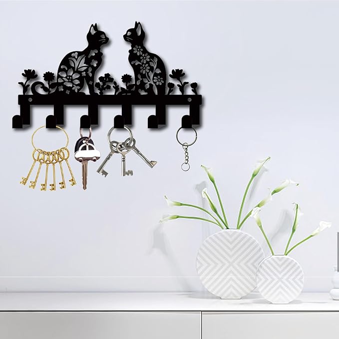 CREATCABIN Wall Mounted Key Hanger Metal Key Holder Organizer with 6 Hooks Decorative Cat Flower Black Towel Coat Organizer Storage Rack Wall Art Decor for Entryway Front Door Bathroom 10.6 x 6.3 Inch