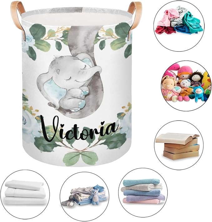 Personalized Laundry Basket, Custom Gift Laundry Hamper, Collapsible Nursery Waterproof Laundry Baskets, Dirty Clothes Toy Hamper with Handles Blue Floral Elephant