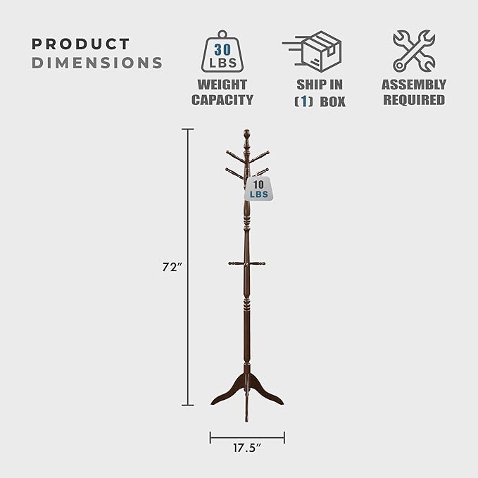Lexicon Sturdy Solid Wood Coat Rack Stand with 10 Hanging Hooks for Hats,Scarves, Handbags, 3-Tier Wooden Coat Rack Freestanding Tree Used in Bedroom, Entryway, Hallway, Office, Dark Brown