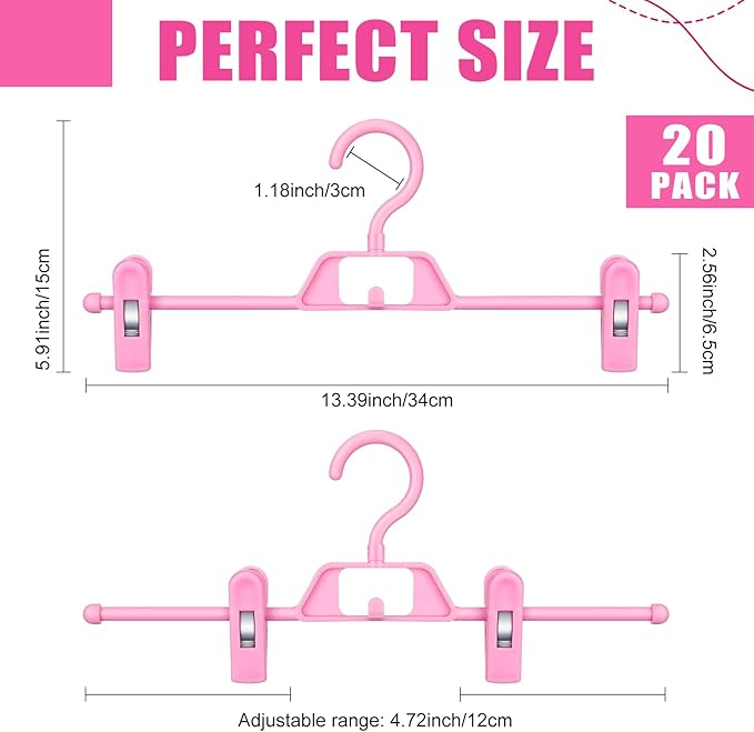 20 Pcs Pink Skirt Hangers with Clips Space Saving Skirt Hangers for Women Hanging Closet Organizers with 360° Swivel Hook Clothes Storage for Skirts Dresses Legging Trouser Jeans