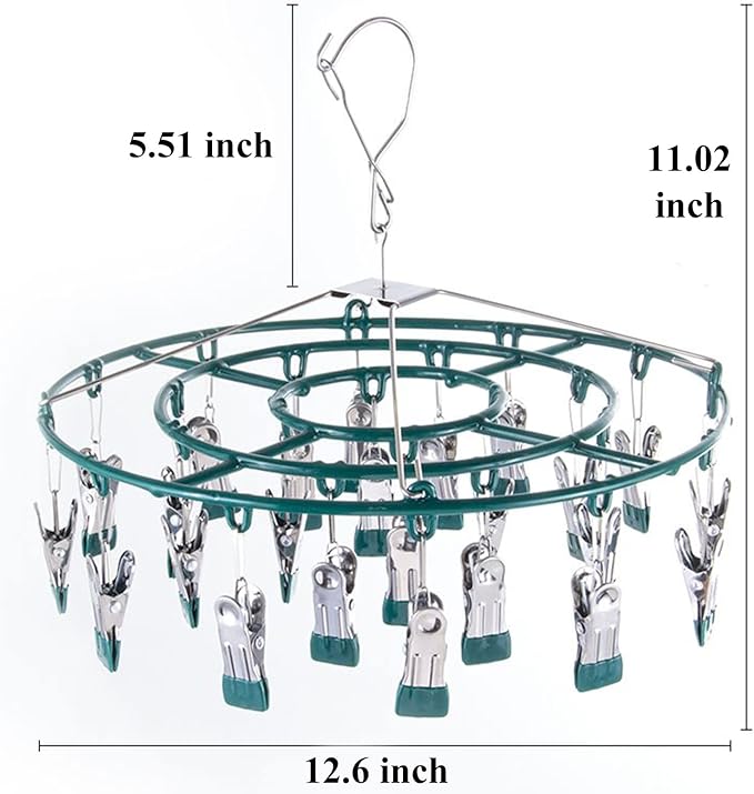 Stainless Steel Coat Sock Drying Rack with 24 Clips, Swivel Hook Windproof Clothes Hanger Rack for Sock Bras Towel Underwear Hat Scarf Gloves Pants Laundry Clothes (Emerald Green Clips)