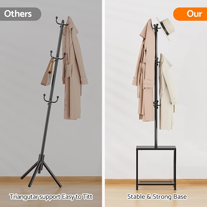 Hall Tree with Bench and Shoe Storage, Coat Rack Freestanding Coat Rack Shoe Bench, Corner Coat Hanger Stand Standing Hat Rack, Tree Stand Purse Rack Tree Black Coat Racks with Shelf