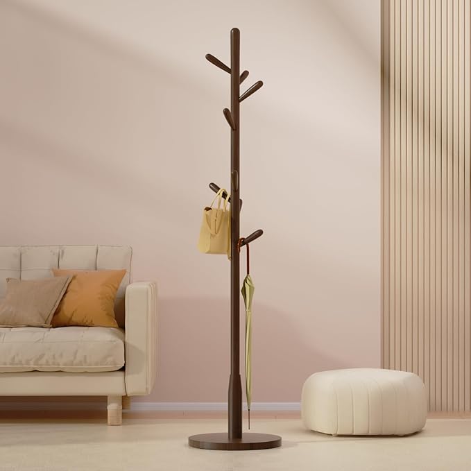 Solid Wood Round Base Coat Rack, Free Standing Hall Coat Tree with 8 Hooks（+2 spare) for Coats, Hats, Bags, Purses, for Entryway, Hallway, Rubberwood Hooks,Base and Pole(Round Base,Dark Walnut)