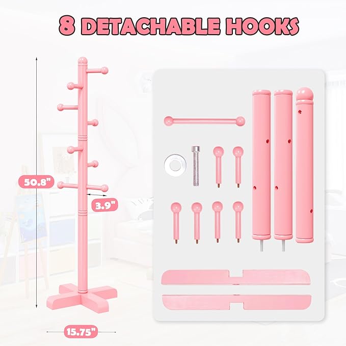 Coat Rack, Freestanding Coat Racks with 8 Hooks 2 Adjustable Height, Tree Coat Rack for Bedroom, Hallway, Entrance, Office, Hats, Handbags,Purse (Pink)