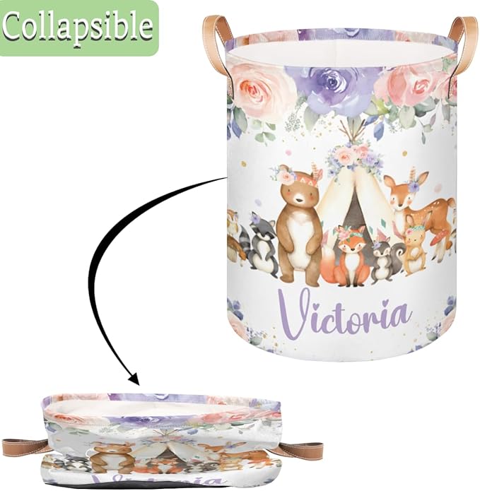 Personalized Laundry Basket, Custom Gift Laundry Hamper, Collapsible Nursery Waterproof Laundry Baskets, Dirty Clothes Toy Hamper with Handles Woodland Animals Blush
