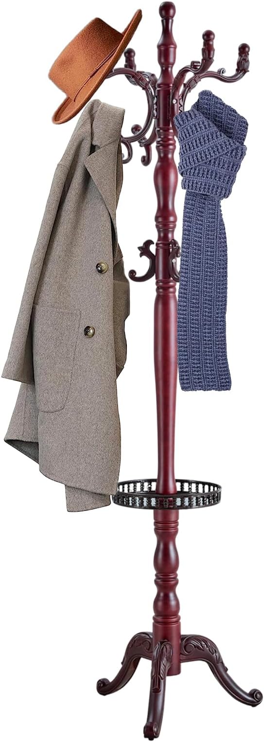 73 in Wood Coat Rack, Coat Rack Freestanding with Stable Round Base, Adjustable Height Tree Coat Racks Stand for Home Bedroom Office Hallway Entryway (Rosewood Tray)