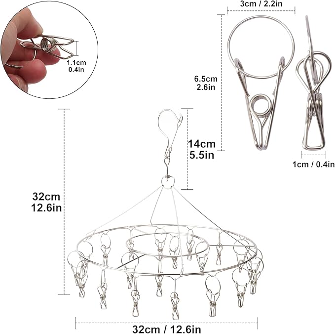 6 Pack 13 inch Round Stainless Steel Drying Rack with 20 Clips, Swivel Sock Drying Rack with Windproof Clips, Stainless Steel Clothes Hanger for Bras, Clothes, Sock & Underwear Towels