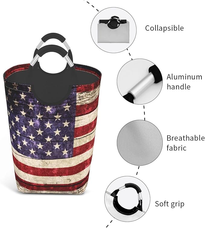 American Flag Laundry Basket Vintage Foldable Laundry Hamper Collapsible Laundry Baskets with Handles Clothes Hamper Laundry Tote Bag for Dorm Family Storage Bin 50L