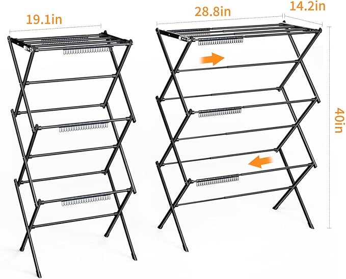 3 Tier Clothes Drying Rack, Foldable Drying Rack Clothing,Indoor & Outdoor Laundry Rack for Drying Clothes,Space-Saving Design, Metal Collapsible Dryer Racks for Laundry,Pure Black