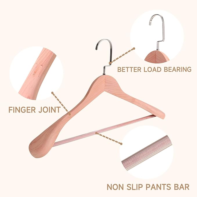 16-Inch Wooden Suit Hangers with Non Slip Pants Bar, 12-Pack Wood Extra-Wide Shoulder Hangers, Flat-Head Hook Hangers for Suits, Coats, Jackets, Shirts, Pants, and Heavy Clothes (Cedar Wood)